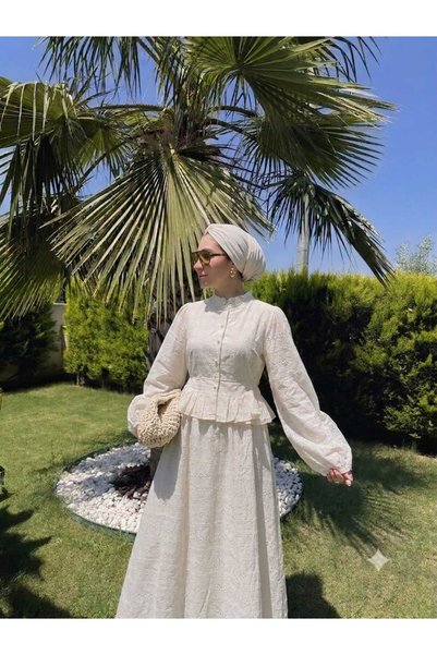QUAWEAR Bisiklet Yaka Fistolu Astarlı Gömlek Beli Lastikli Etek İkili Takım