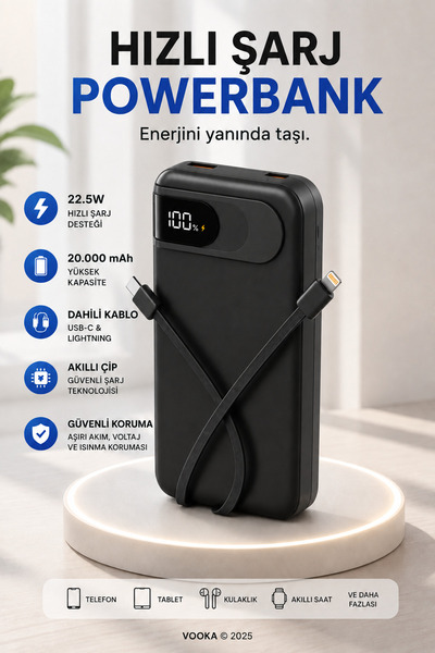 MO DOU 22.5W Hızlı Şarj 20.000 mAh Powerbank Dahili USB-C & Lightning Kablolu...
