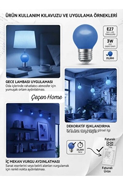 ÇEÇEN HOME 2 Adet Yuvarlak Renkli Gece Lambası Ampulü - E-27 Duy Dekoratif Ot...