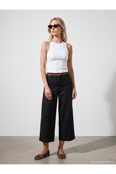 Dilvin 72752 Kemerli Keten Culotte Pantolon-Siyah
