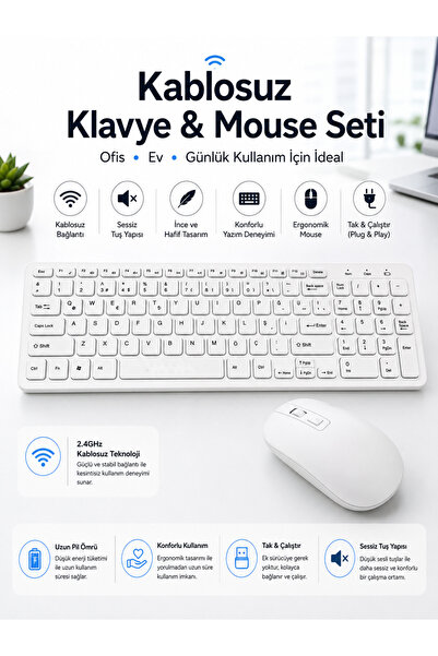 ERDİNEKS Minimalist Kablosuz Klavye Mouse Seti - Kompakt İnce Tasarım Ofis Ti...