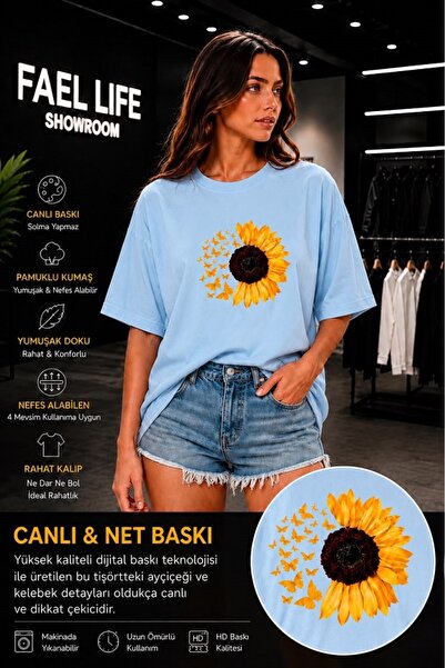 FAEL LİFE Unisex Wide Cut T-Shirt with Sunflower and Daisy Print