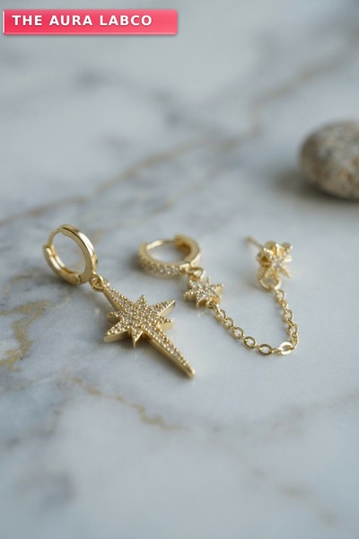 havor 3 lü Set Küpe Gold Renk Zincir Detaylı