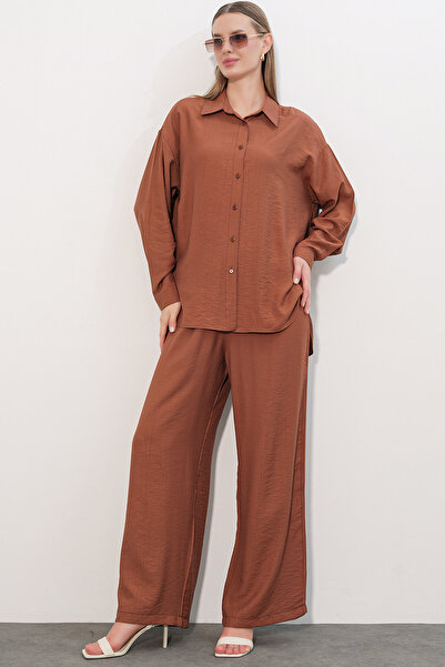 Bigdart Women's Textured Shirt and Pants Two-Piece Set 6710 - Tan