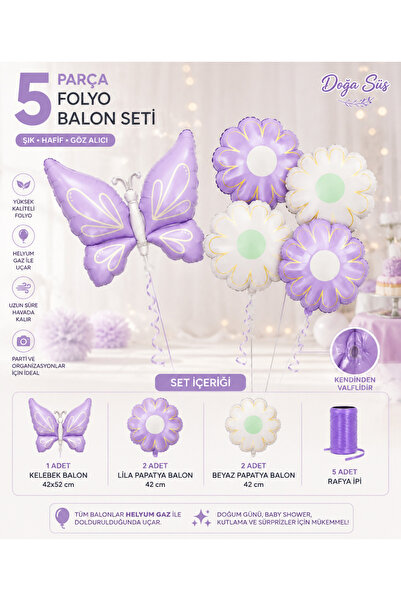 Doğasüs Lila Kelebek Papatyalı Balon Set 5 li