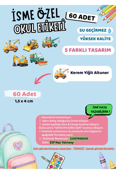 VORACRAFT İsme Özel Okul Etiketi Traktör 60 Adet Yüksek Kalite Su Geçirmez İs...