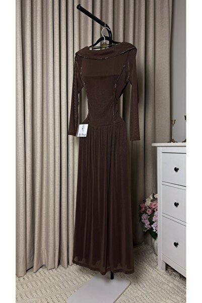 MYGROUP Mesh Fabric Long Shimmering Dress with Crystal Detailing