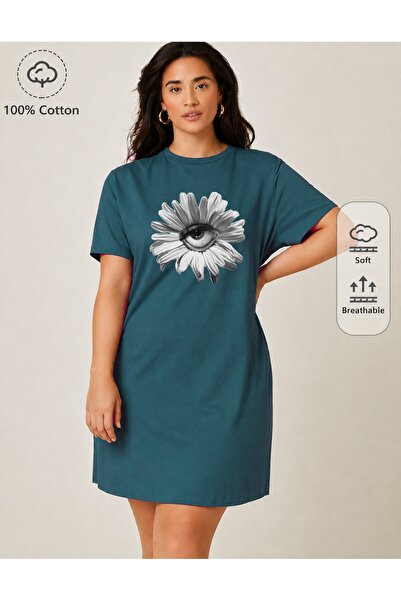 classy moda Daisy and Eye Patterned Oversize Extra Long Tunic T-Shirt