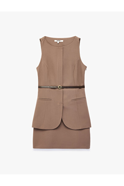 Koton Belt Detailed Sleeveless Crew Neck Layered Mini Dress