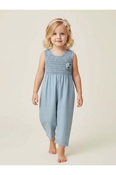 Zekids Baby Girl Cotton Thin Denim Bandana Design Jumpsuit