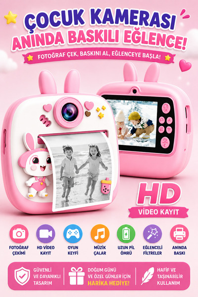RAYLAX Tavşanlı Çocuk Dijital Fotoğraf Makinesi Anında Baskılı Mini Kamera HD Video Müzik Oyun Özellikli