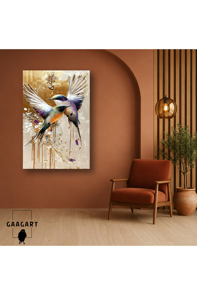 GAAGART Tekli Dikey Kanvas Tablo Gold Dokulu Uçan Renkli Kuşlar Modern Sanat