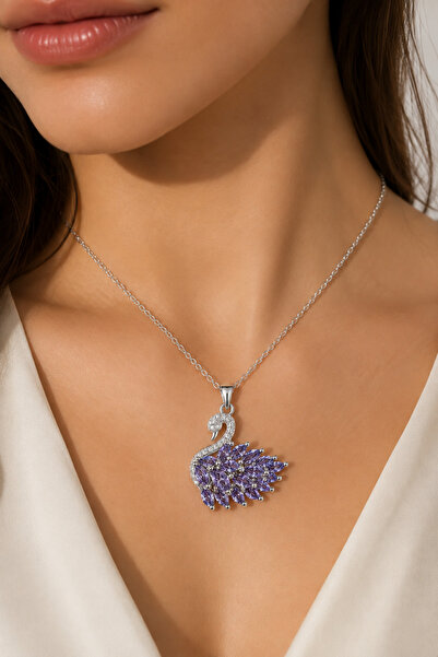 SY AKSESUAR Steel Swan Necklace with Purple Zircon Stone, Elegant Women's Nec...