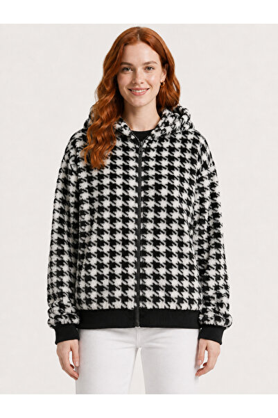Neden Tekstil Women's Houndstooth Patterned Hooded Zipper Sweatshirt Jacket