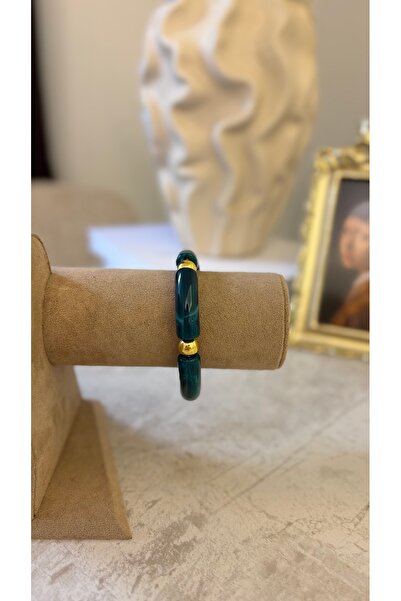 Reverie Atelier Kadın Yeşil Reçine Görünümlü Bileklik Gold Detaylı Elastik Bi...