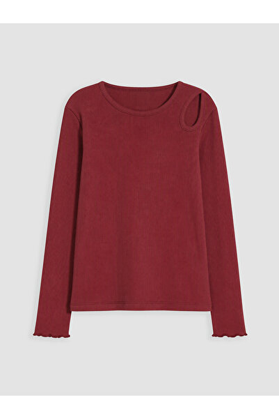LC Waikiki Burgundy Crew Neck T-Shirt with Window Detail for Girls
