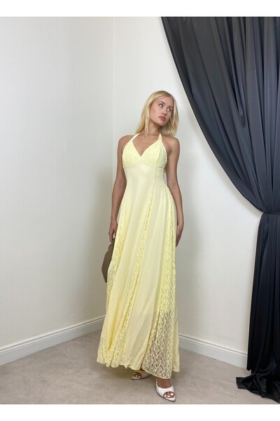 Moda Days Women's Yellow Maxi Halter Neck V-Neck Lace Paneled Strappy Evening...