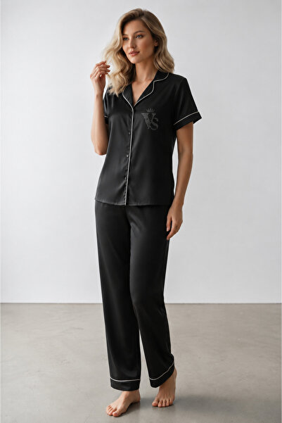 VİP SECRET Short-Sleeved Satin Pajama Set - Stone Printed