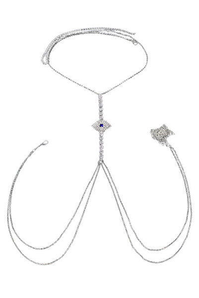 VeeShop Lant pentru corp elegant, cristale mari cu Nazar pe piept - Argintiu