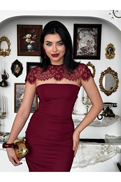 Moda Days Women's Burgundy Midi Dress with Lace Cape Collar and Draped Slim F...