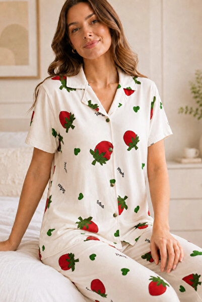 Veraura Lifestyle Ecru Strawberry Patterned Short Sleeve Shirt Collar Milan F...