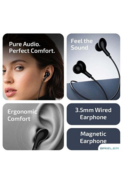 BRIZLER 3.5mm Wired In-Ear Earphones With Magnetic Suction Earbuds, Deep Bass Stereo Sound, In-Line Microphone & Tactile Volume Control For Clear Calls - Black