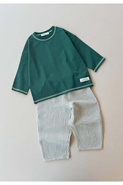 Cigit Oversize Muslin Trouser Suit 2-10 Years Green Pinstripe