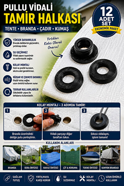 Tor Store 12'li Set Pullu Vidalı Güneşlik Yağmurluk Branda Tente Çadır Kumaş ...