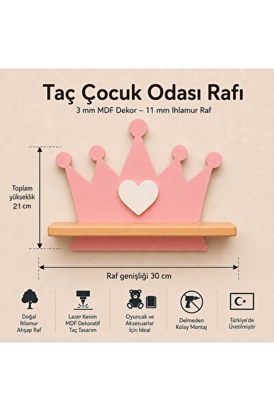 MAKS HOME Ahşap Çocuk Odası Duvar Rafı 👑 Taç | Doğal Ahşap & MDF | Dekoratif...