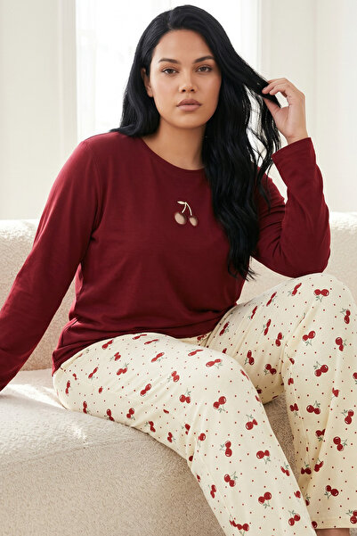 Siyah İnci Burgundy Patterned Embroidered Cotton Lycra Large Size Oversized K...