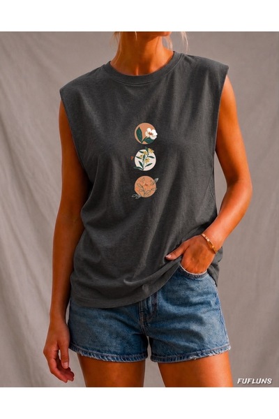 FUFLUNS Flower Printed Women's Regular Fit Crew Neck Sports Sleeveless T-Shirt