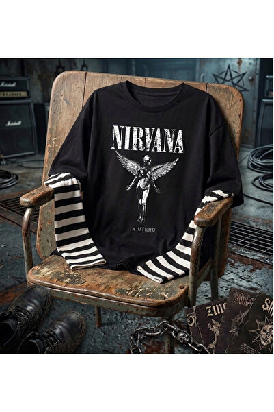 dompulerimoda Nirvana Angel Baskılı Goat & Skulls Baskılı Fake Sleeves Unisex...