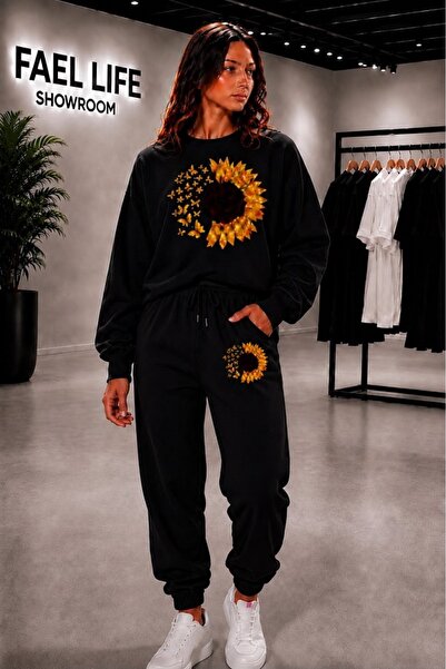 FAEL LİFE Unisex Wide Cut Zero Neckline and Sweatpants Moonflower Printed Set