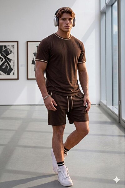 stg spor toptan giyim Men's Brown-Beige Ribbed Lisbon Cotton Crew Neck Shorts...