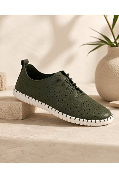 MELİS'E Khaki Leather Large Size Shoes Orthopedic Daily from 36 to 44 Size