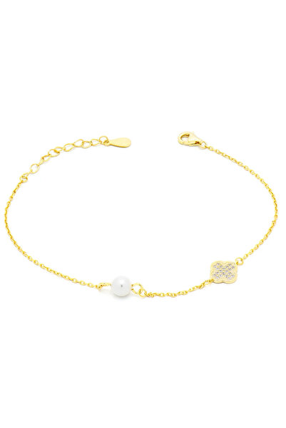Peach Jewelry Βραχιόλι Σταυρό από Επιχρυσωμένο Ασήμι 925 με Μαργαριτάρι