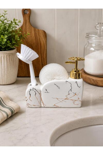 ALBETTO 373 White Marble Patterned Porcelain Liquid Soap Dispenser with Brush...
