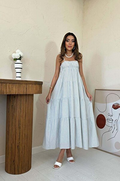 Clothes Fast Women's Blue Thin Straps Gipeli Striped Layered Maxi Muslin Summ...