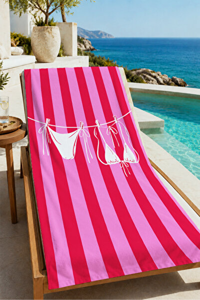 Evmila Retro Pink Striped White Bikini Drawstring Summer Patterned 70X150 Bea...