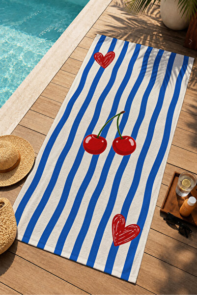 Evmila Retro Blue Striped Cherry Heart Summer Patterned 70X150 Beach Towel - ...