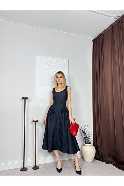 Moda Days Women's Navy Blue Midi Denim Look Square Neck Thick Strap Belted Fl...