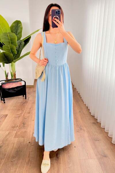 Moda Days Women's Baby Blue Thick Strap Square Neck Button Detailed Gathered ...