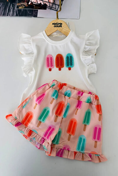 Minigimin Cicileri Ice Cream Processing Detailed Girls' Shorts Set - Salmon