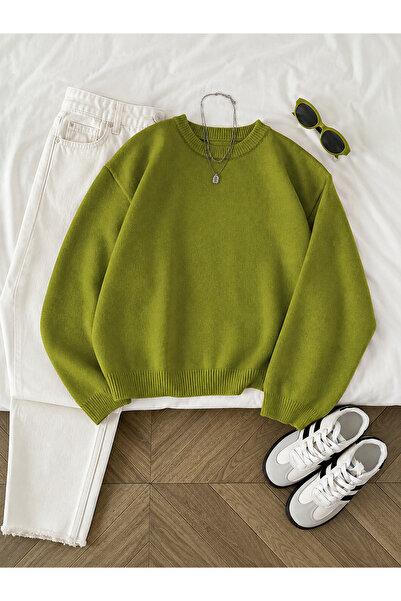 MODASPARK Green Crew Neck Oversized Women's Knit Sweater
