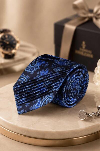Kravatkolik Dark Navy Blue Shawl Pattern Italian Silk Pleated Tie Est229