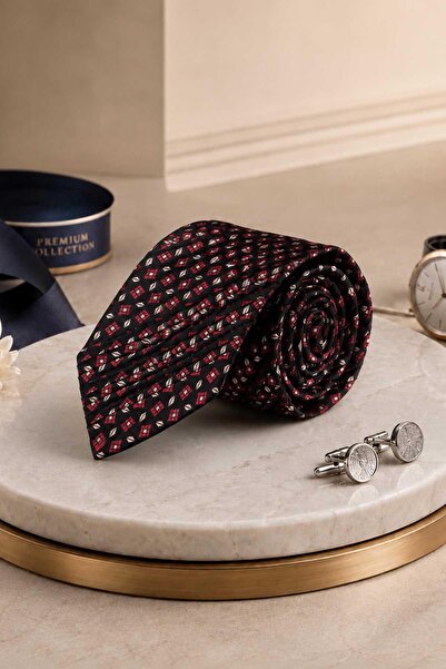 Kravatkolik Black Small Pattern Italian Silk Pleated Tie Est241