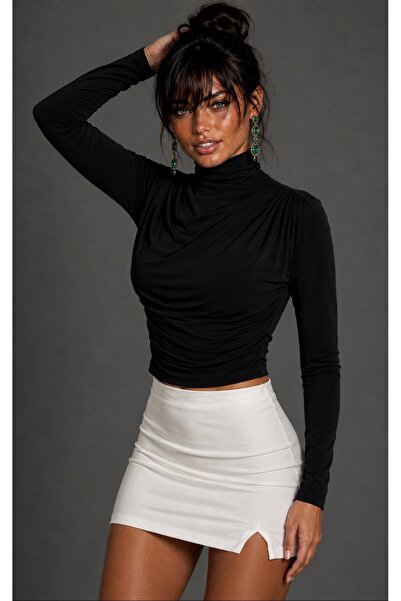 Be Best Women's Black Turtleneck Gathered Blouse Be490