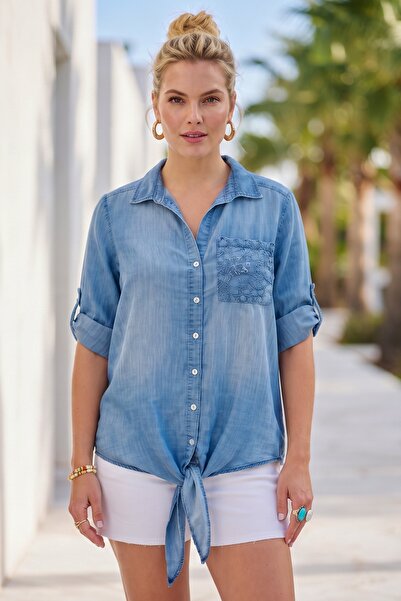 Chiccy Indigo Shirt Collar 3/4 Sleeve Buttoned Pocketed Tie-Waist Embroidered...