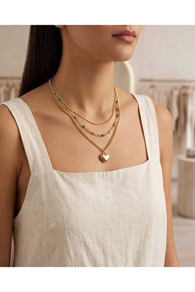 Mum Aşkı Colorful Beaded and Domed Heart Pendant Triple Layered Necklace