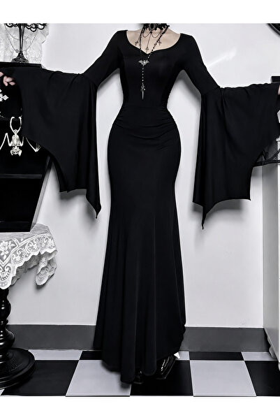 Mournbelle Gotik Halloween Morticia Addams Cosplay Yarasa Kol Uzun Elbise